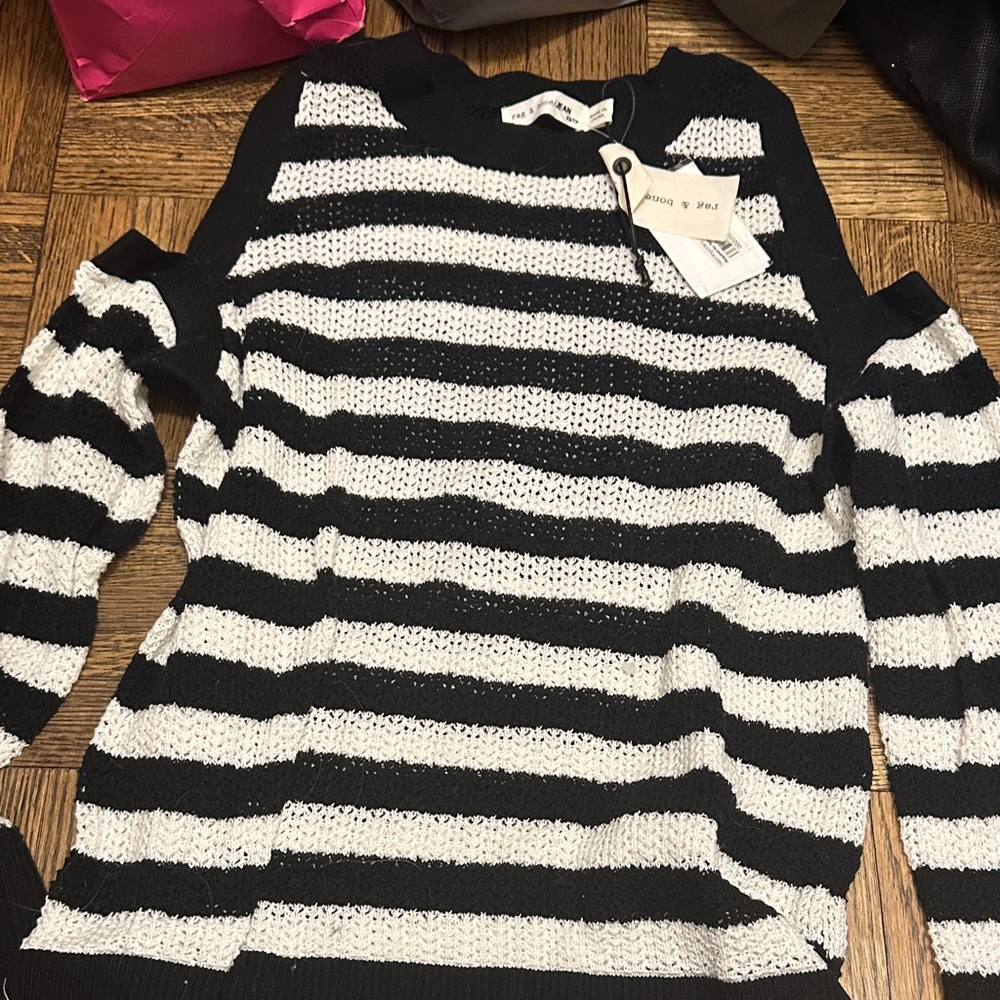 Rag & Bone Black and White Striped Crew Neck Sweater